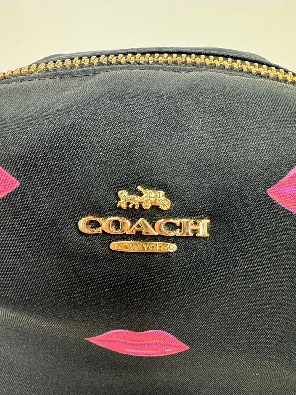 Coach Nylon Black Cosmetic Pouch with Pink Lip Motif Gold zipper & logo